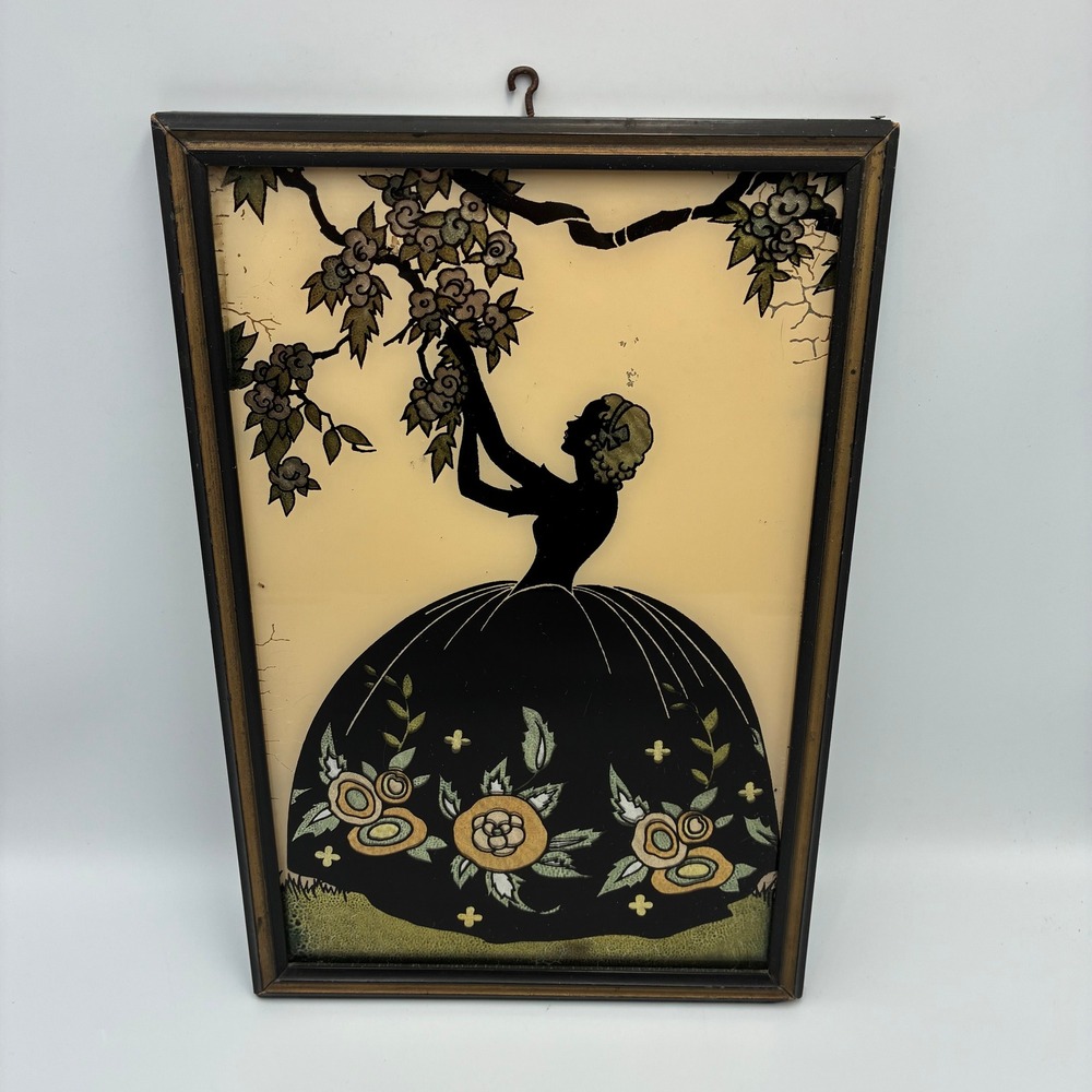 Vintage Art Deco Reverse Painted Glass Silhouette Woman Floral Gown Framed Art